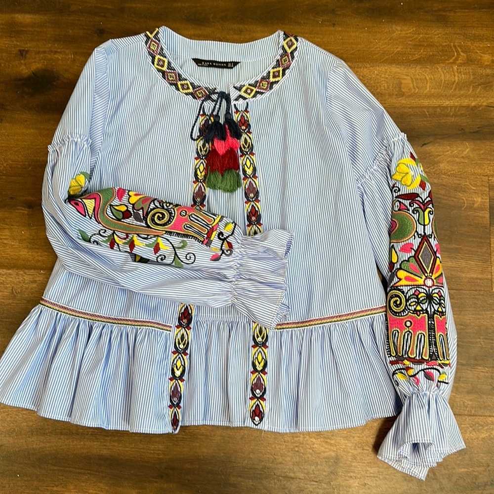 Zara Blue Embellished Blouse with Mandarin Collar